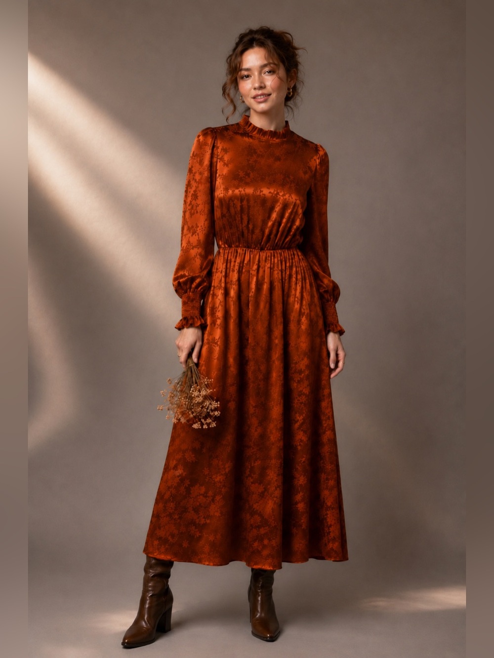Rust Satin Jacquard Midi Dress Puff Sleeve Mock Neck Cottagecore Boho